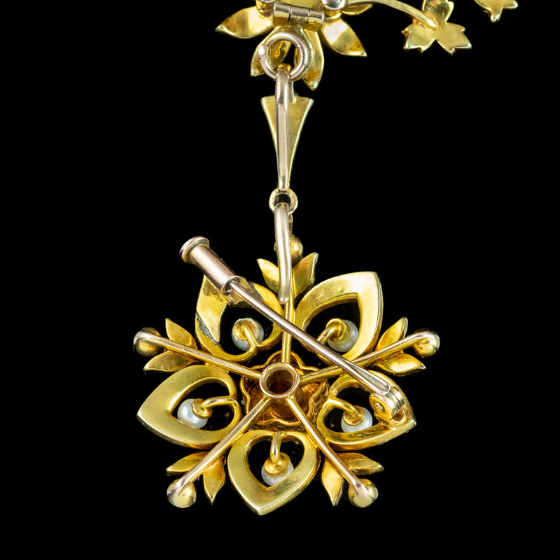 Antique Victorian Pearl Flower Lavaliere Pendant Necklace 15ct Gold 
