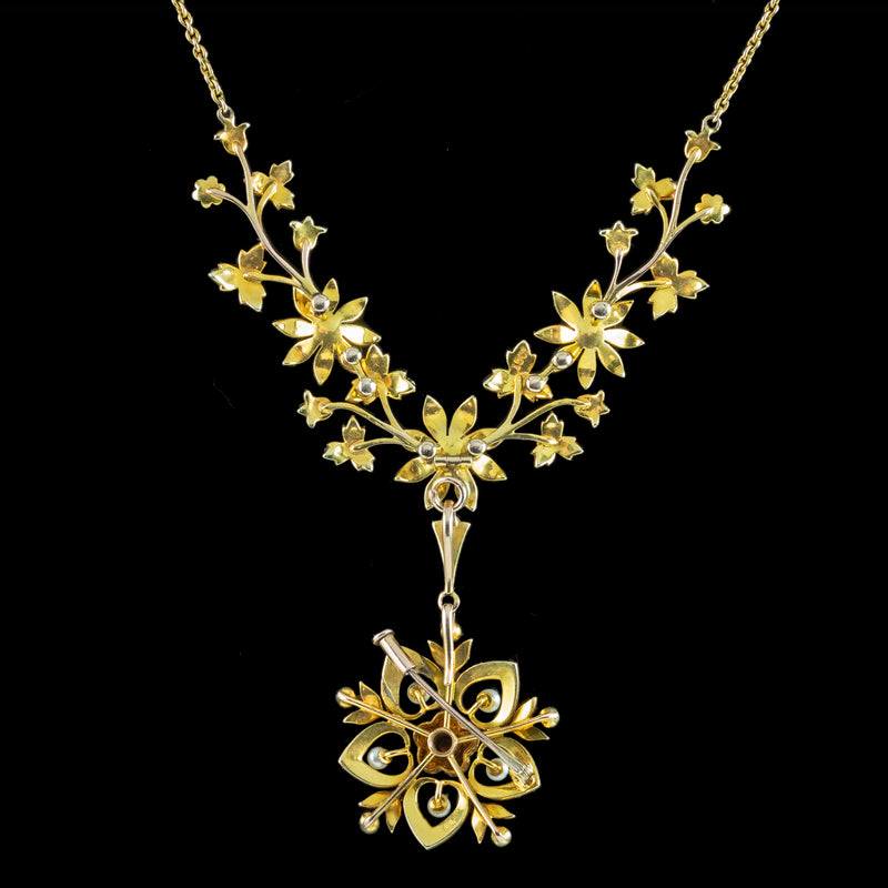 Antique Victorian Pearl Flower Lavaliere Pendant Necklace 15ct Gold 