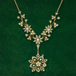 Antique Victorian Pearl Flower Lavaliere Pendant Necklace 15ct Gold 