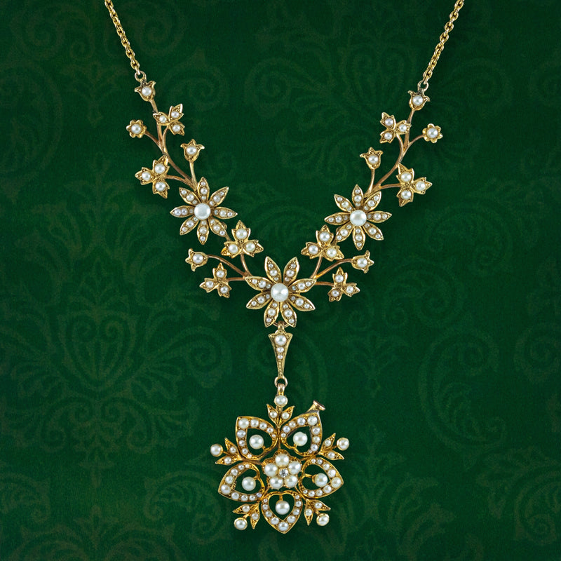 Antique Victorian Pearl Flower Lavaliere Pendant Necklace 15ct Gold 