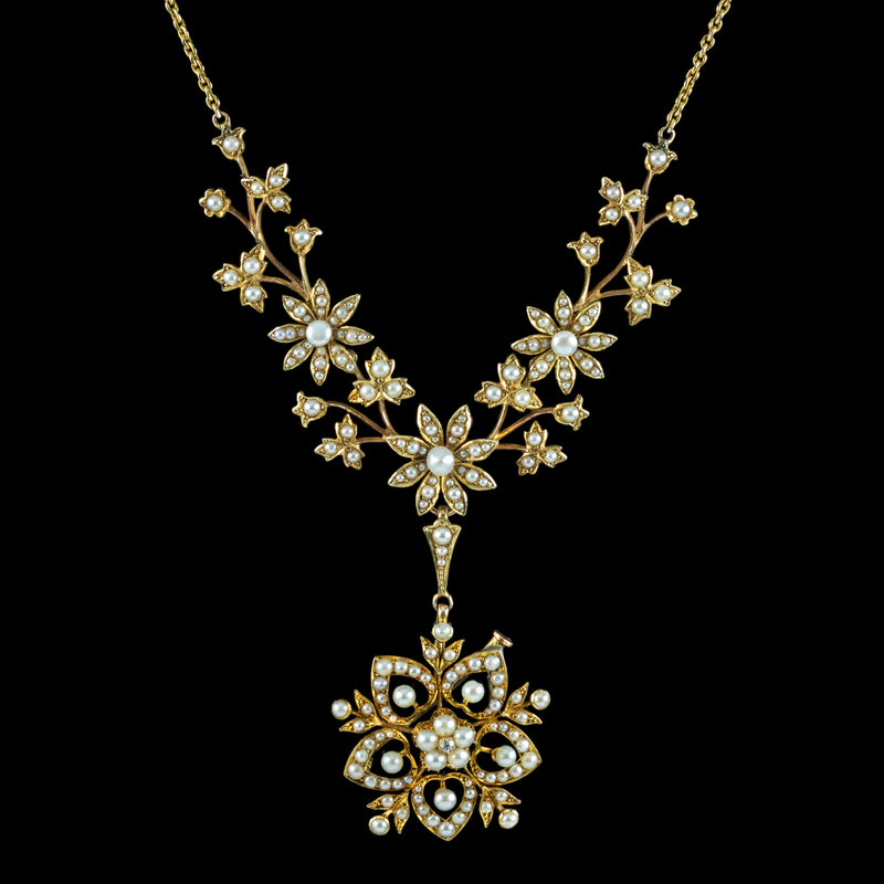 Antique Victorian Pearl Flower Lavaliere Pendant Necklace 15ct Gold 