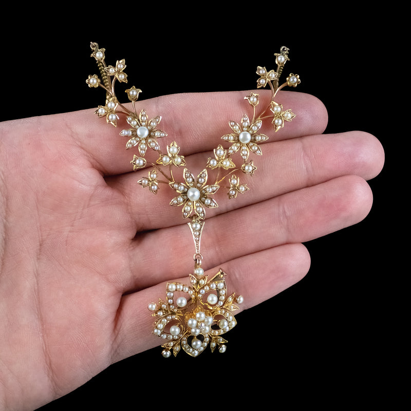 Antique Victorian Pearl Flower Lavaliere Pendant Necklace 15ct Gold 