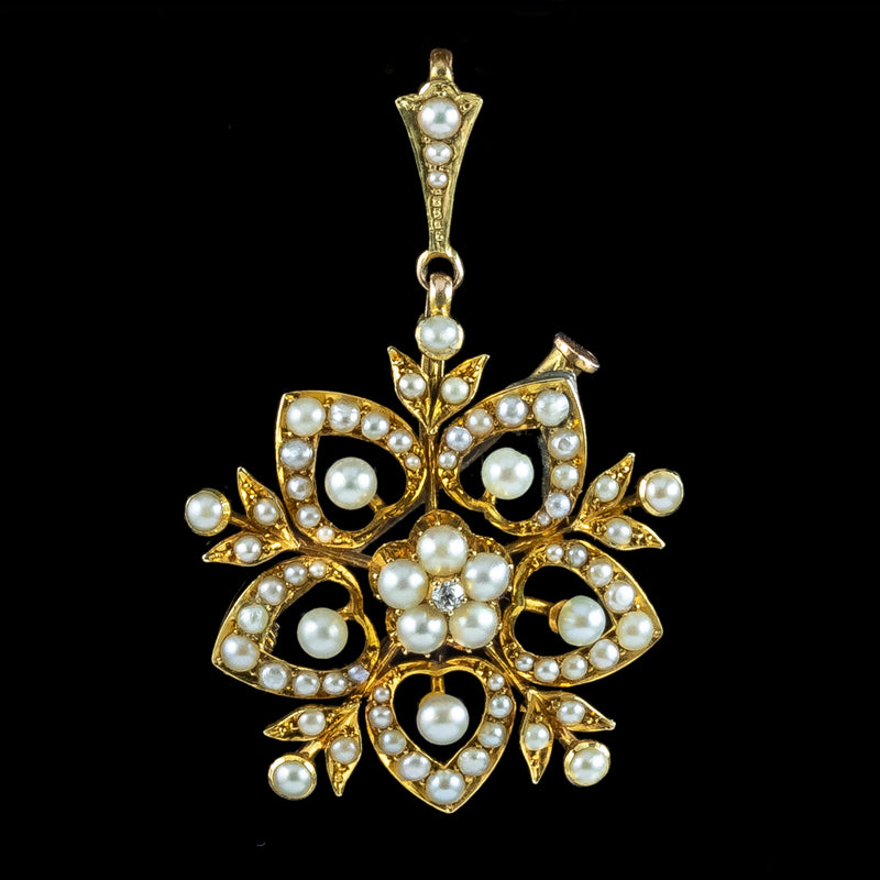 Antique Victorian Pearl Flower Lavaliere Pendant Necklace 15ct Gold 
