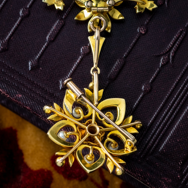 Antique Victorian Pearl Flower Lavaliere Pendant Necklace 15ct Gold 