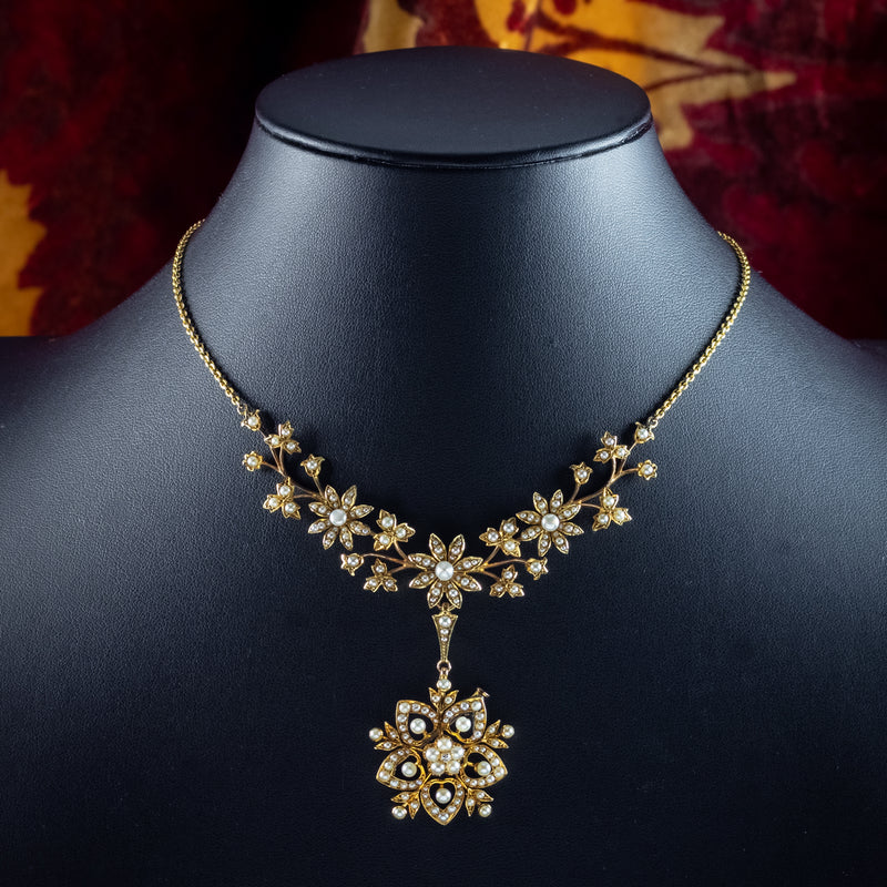 Antique Victorian Pearl Flower Lavaliere Pendant Necklace 15ct Gold 