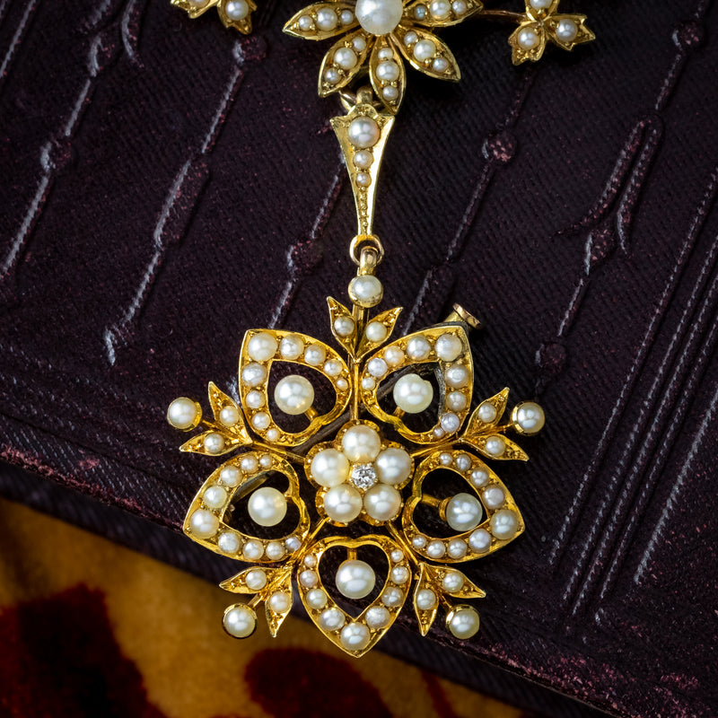 Antique Victorian Pearl Flower Lavaliere Pendant Necklace 15ct Gold 