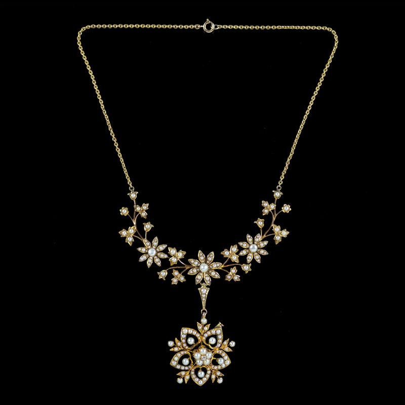 Antique Victorian Pearl Flower Lavaliere Pendant Necklace 15ct Gold 