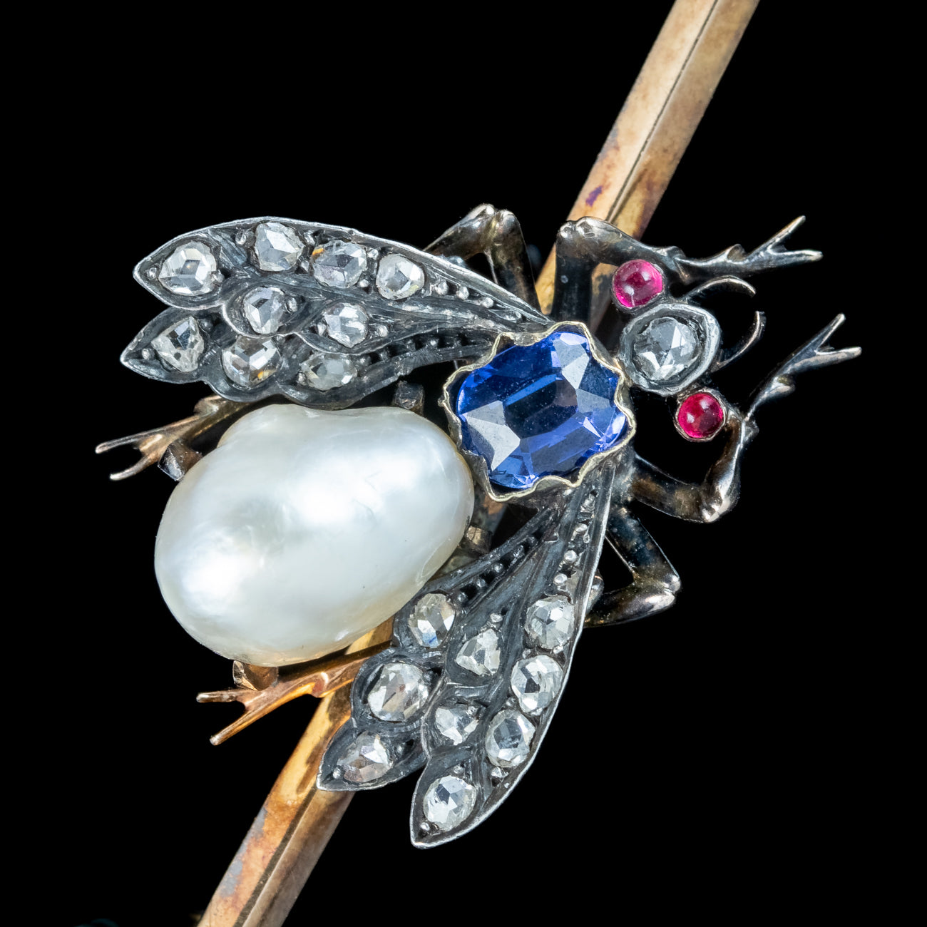 Antique Victorian French Pearl Sapphire Ruby Diamond Insect Brooch ...
