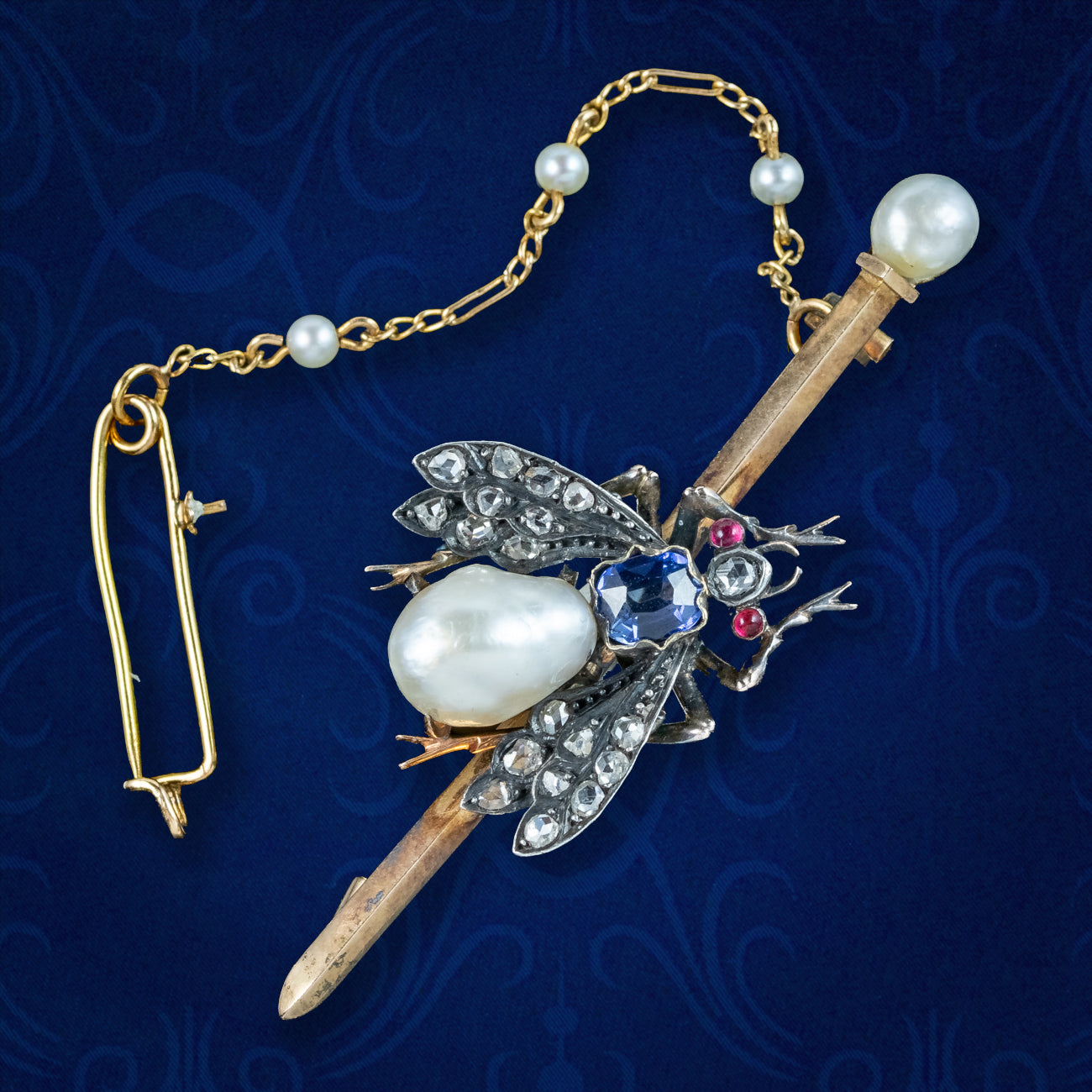 Antique Victorian French Pearl Sapphire Ruby Diamond Insect Brooch ...