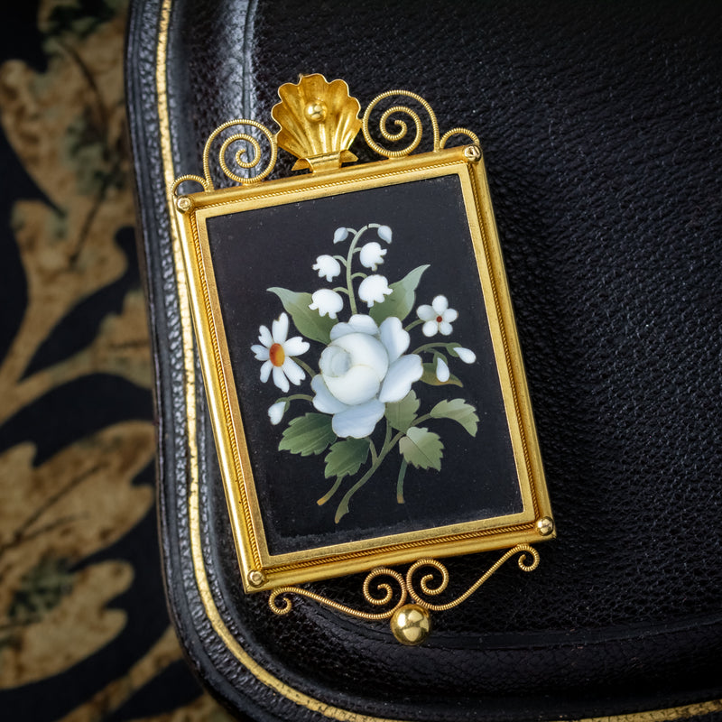 Antique Victorian Pietra Dura Flower Locket 18ct Gold 