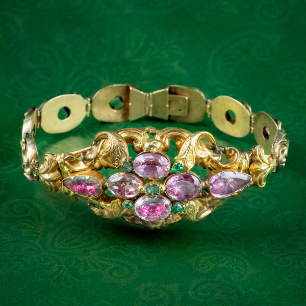 Antique Victorian Pink Topaz Emerald Bracelet 18ct Gold With Box