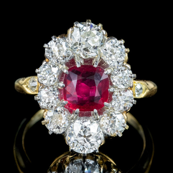 Antique Victorian Ruby Diamond Cluster Ring 1.15ct Ruby With Cert