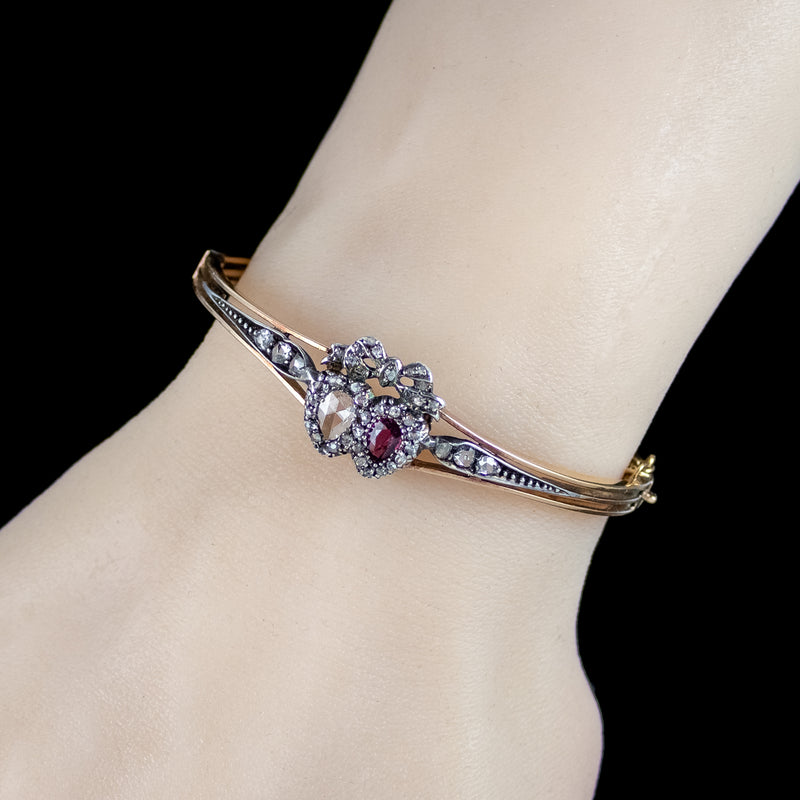 Antique Victorian Ruby Diamond Heart Bangle Silver 18ct Gold 