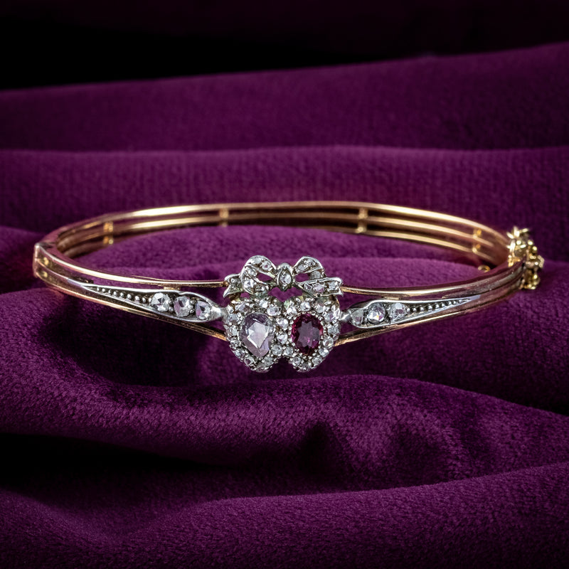 Antique Victorian Ruby Diamond Heart Bangle Silver 18ct Gold 