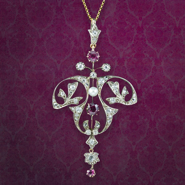 Antique Victorian Ruby Diamond Pearl Pendant Necklace 0.90ct Ruby