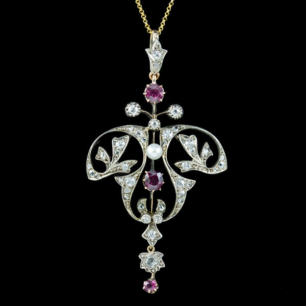 Antique Victorian Ruby Diamond Pearl Pendant Necklace 0.90ct Ruby