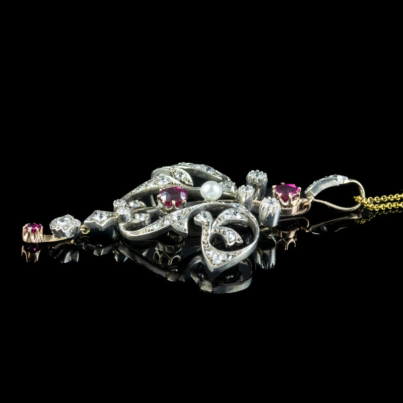 Antique Victorian Ruby Diamond Pearl Pendant Necklace 0.90ct Ruby