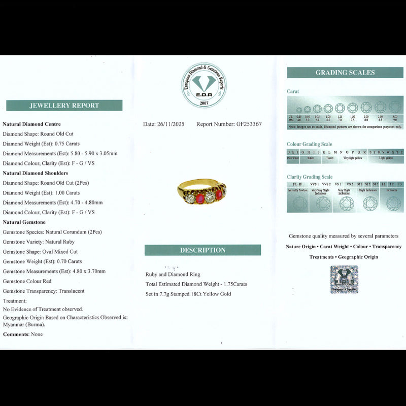 Antique Victorian Burmese Ruby Diamond Ring 1.75ct Diamond With Cert