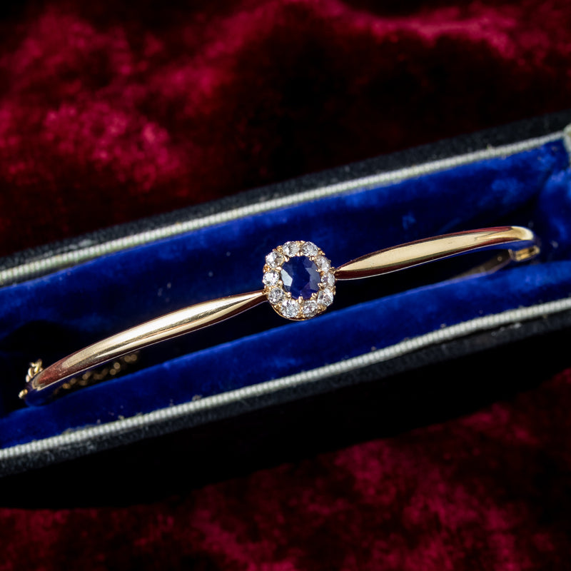 Antique Victorian Sapphire Diamond Cluster Bangle 18ct Gold