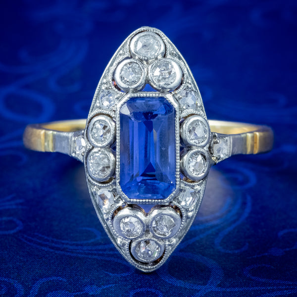 Antique Victorian Sapphire Diamond Navette Ring 1.2ct Sapphire