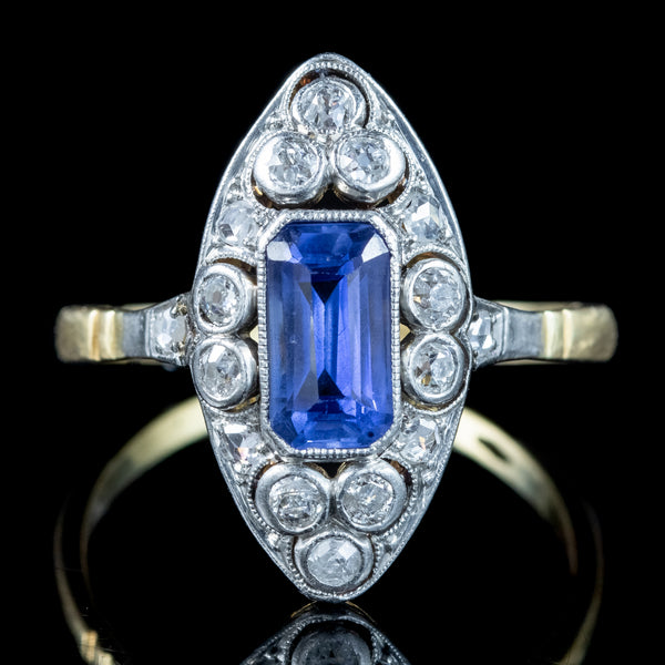 Antique Victorian Sapphire Diamond Navette Ring 1.2ct Sapphire