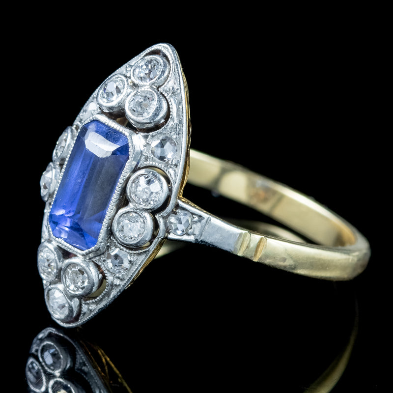 Antique Victorian Sapphire Diamond Navette Ring 1.2ct Sapphire