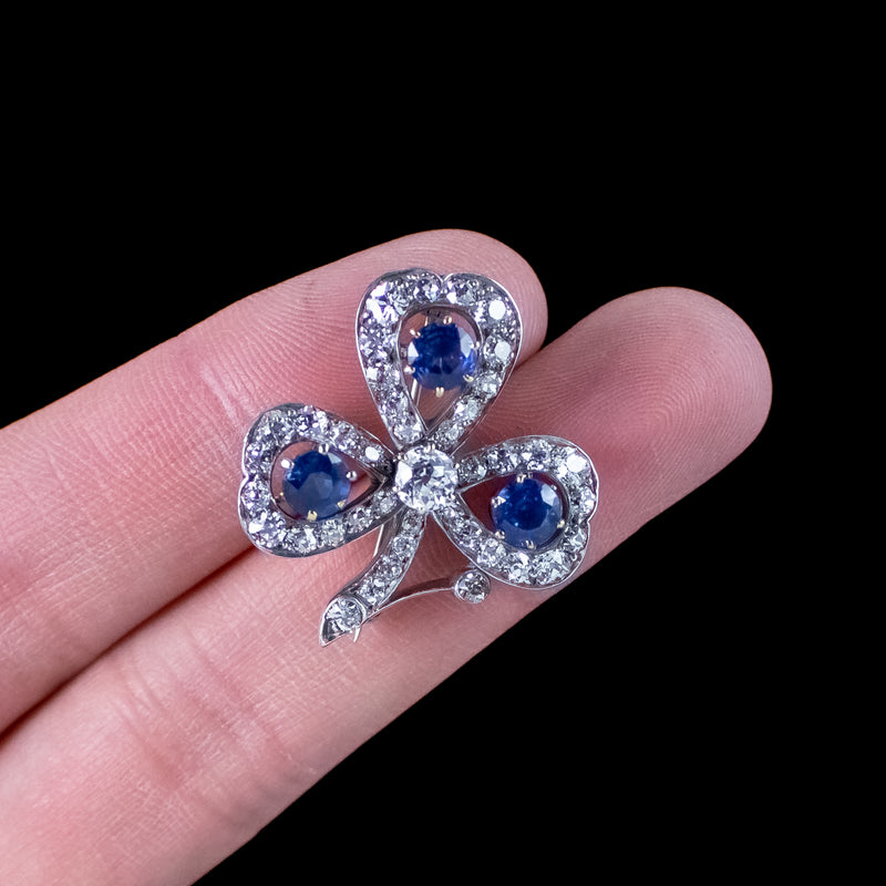 Antique Victorian Sapphire Diamond Shamrock Brooch Silver 18ct Gold