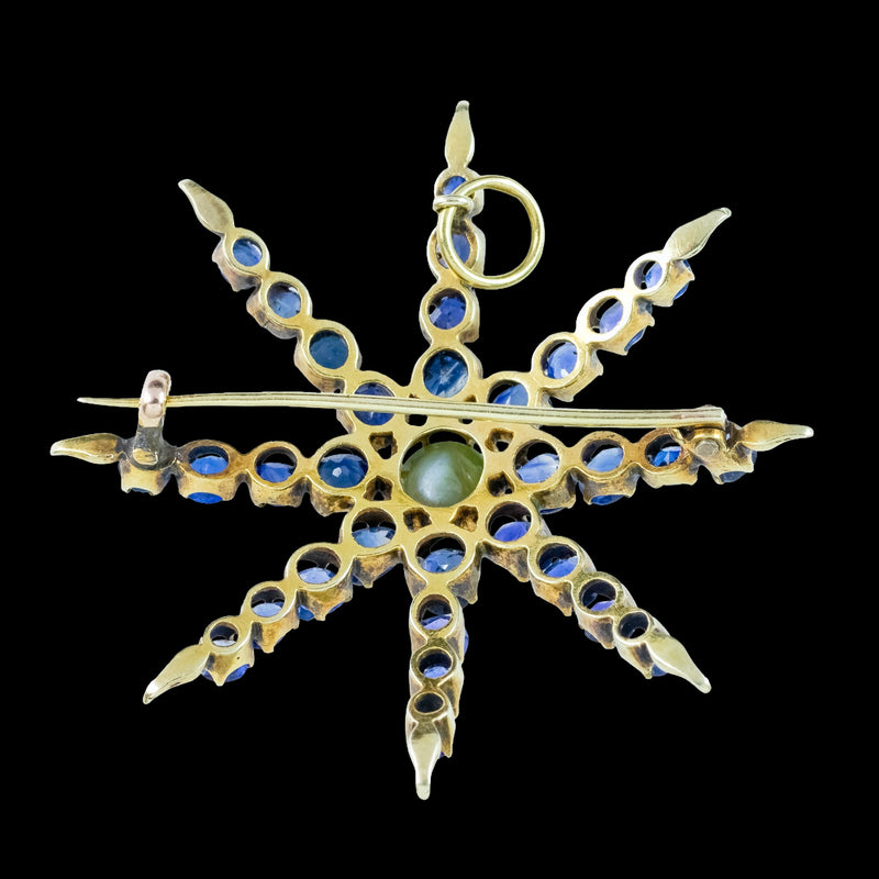Antique Victorian Star Brooch Sapphire Cats Eye Chrysoberyl 18ct Gold