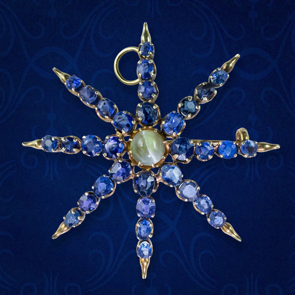 Antique Victorian Star Brooch Sapphire Cats Eye Chrysoberyl 18ct Gold