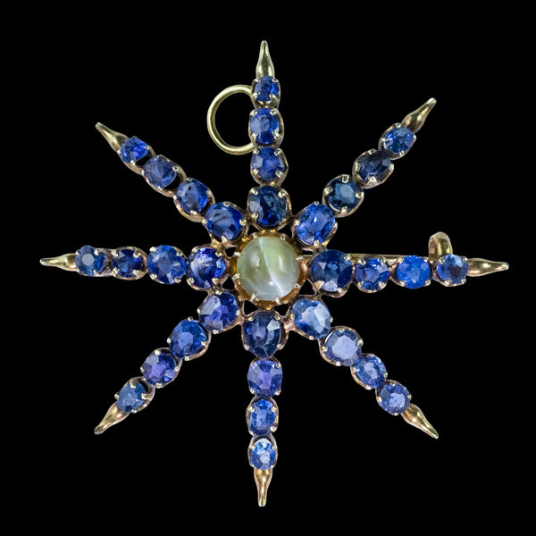 Antique Victorian Star Brooch Sapphire Cats Eye Chrysoberyl 18ct Gold