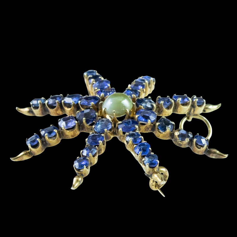 Antique Victorian Star Brooch Sapphire Cats Eye Chrysoberyl 18ct Gold