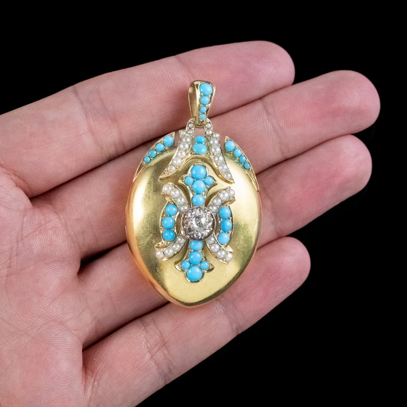 Antique Victorian Turquoise Diamond Pearl Locket 18ct Gold 
