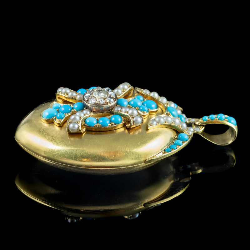 Antique Victorian Turquoise Diamond Pearl Locket 18ct Gold 