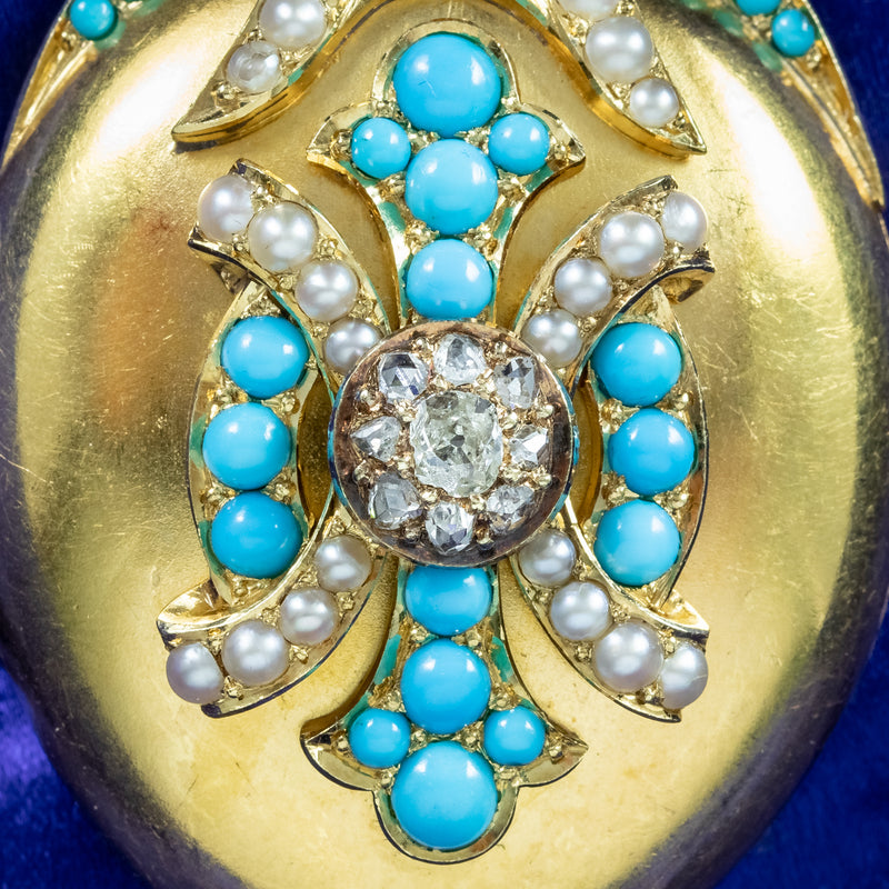 Antique Victorian Turquoise Diamond Pearl Locket 18ct Gold 