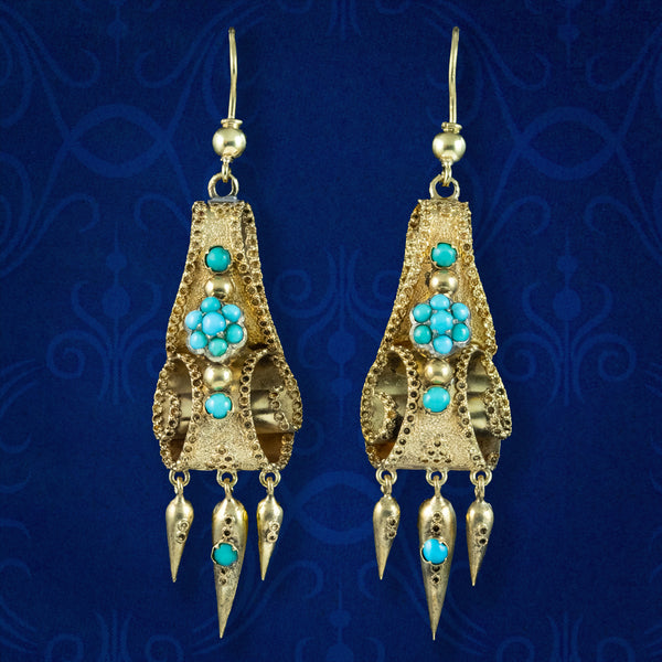 Antique Victorian Turquoise Etruscan Drop Earrings 18ct Gold