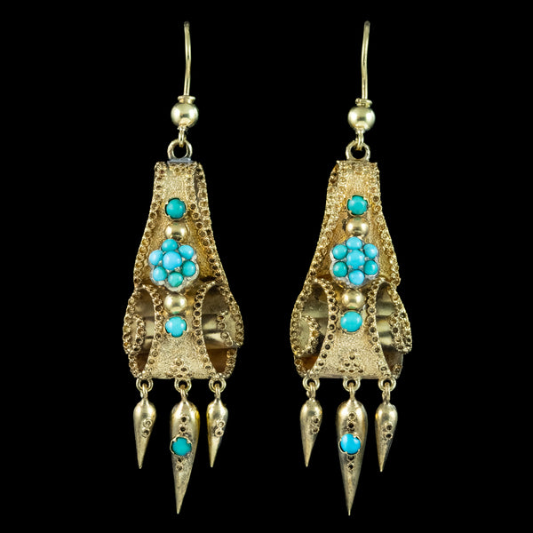 Antique Victorian Turquoise Etruscan Drop Earrings 18ct Gold