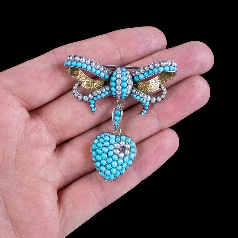 Antique Victorian Turquoise Pearl Bow Brooch And Heart Locket