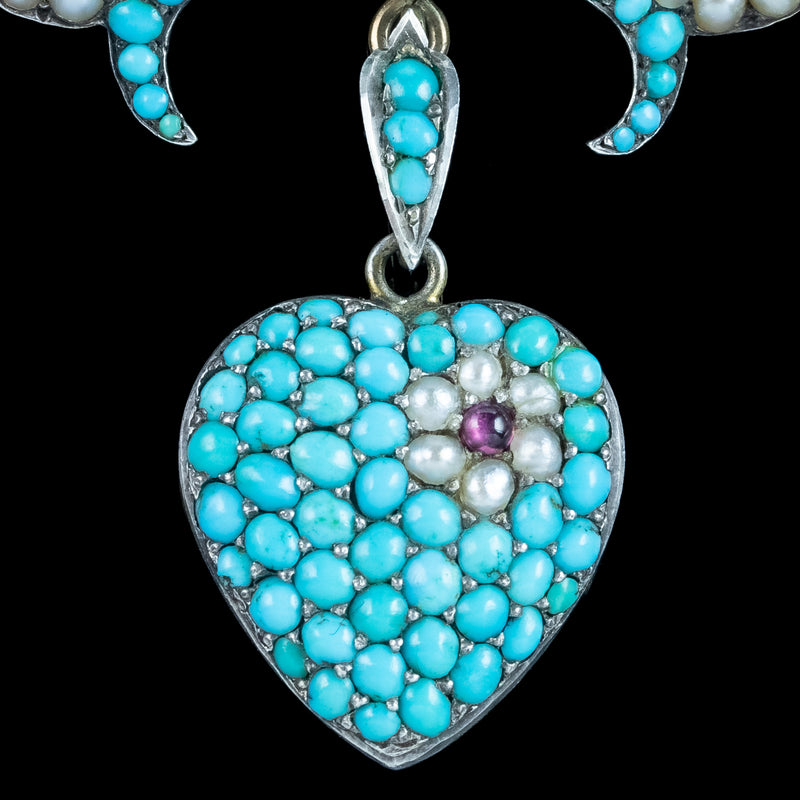 Antique Victorian Turquoise Pearl Bow Brooch And Heart Locket