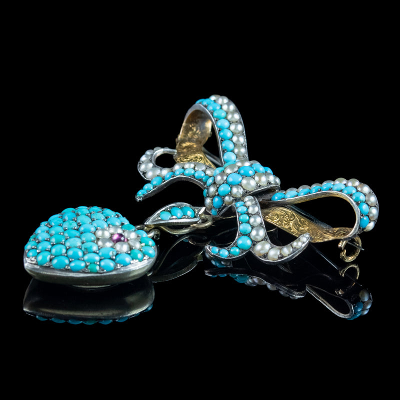 Antique Victorian Turquoise Pearl Bow Brooch And Heart Locket