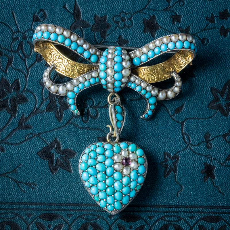 Antique Victorian Turquoise Pearl Bow Brooch And Heart Locket