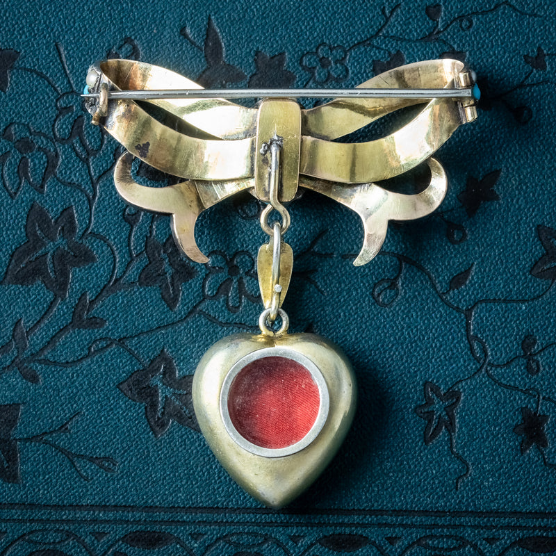 Antique Victorian Turquoise Pearl Bow Brooch And Heart Locket