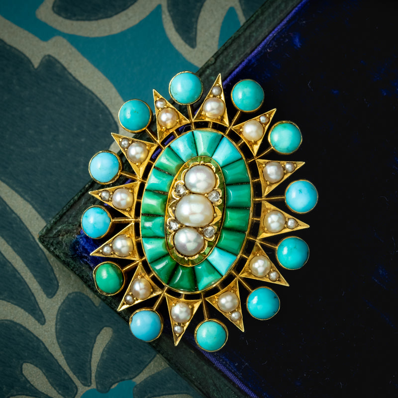 Antique Victorian Turquoise Pearl Diamond Star Pendant 18ct Gold