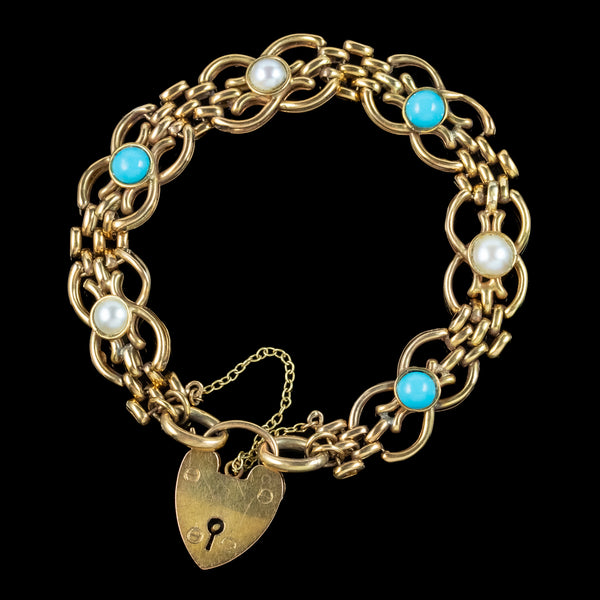 Antique Victorian Turquoise Pearl Gate Bracelet 9ct Gold