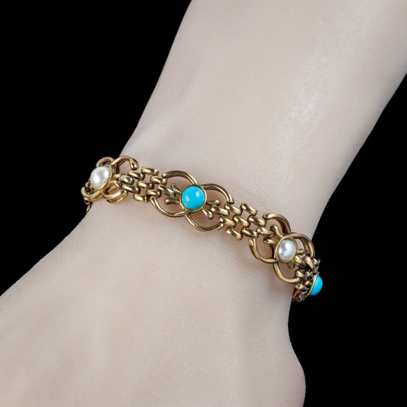 Antique Victorian Turquoise Pearl Gate Bracelet 9ct Gold
