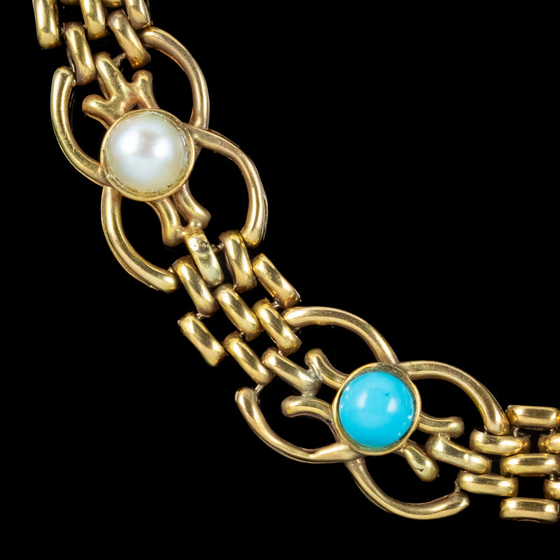 Antique Victorian Turquoise Pearl Gate Bracelet 9ct Gold