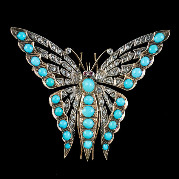 Antique Victorian Turquoise Diamond Butterfly Brooch Silver 15ct Gold 
