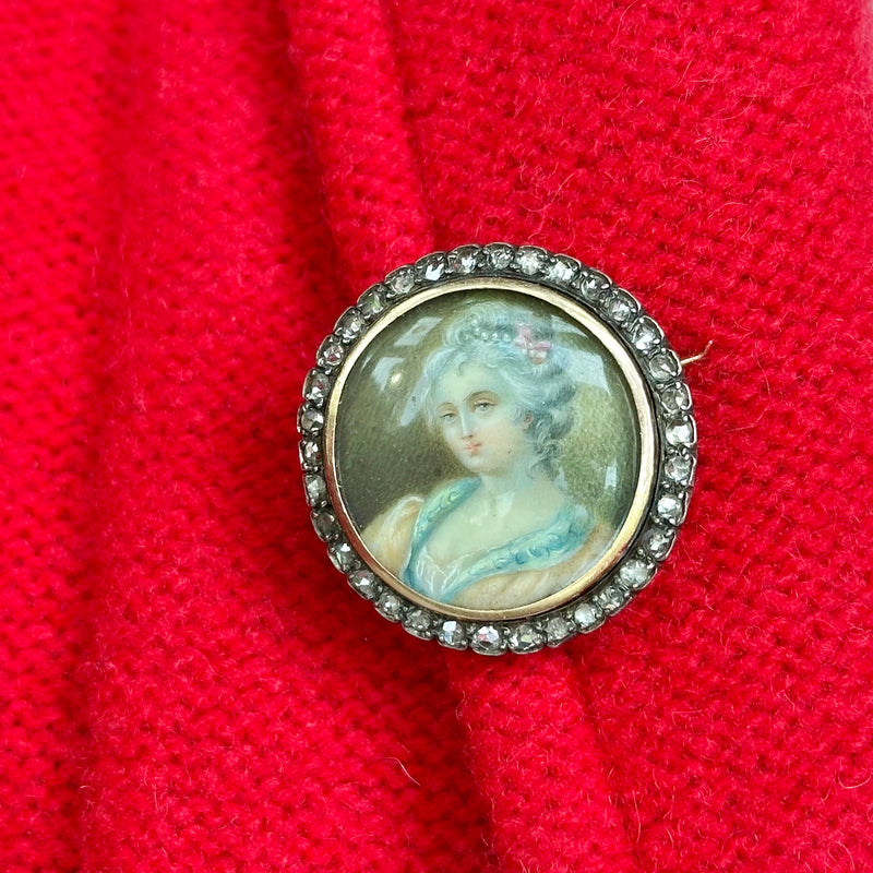 Antique Georgian Diamond Hand Painted Portrait Brooch