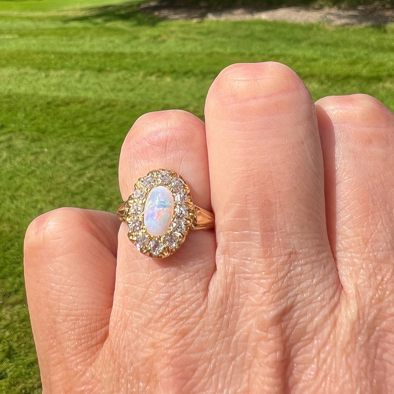 Antique Victorian Opal Diamond Cluster Ring 1ct Natural Opal