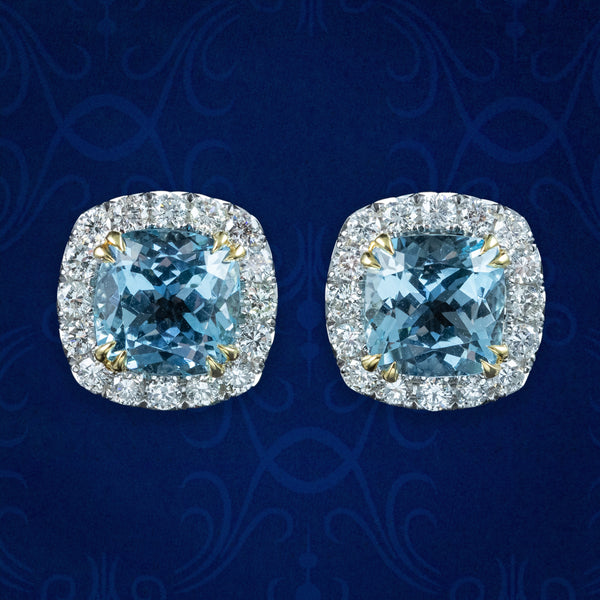 Edwardian Style Aquamarine Diamond Stud Earrings 18ct Gold 4.37ct Aquamarine