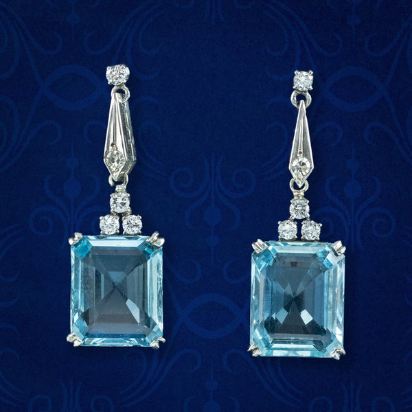 Art Deco Aquamarine Diamond Drop Earrings 18ct Gold 6.5ct Aquas